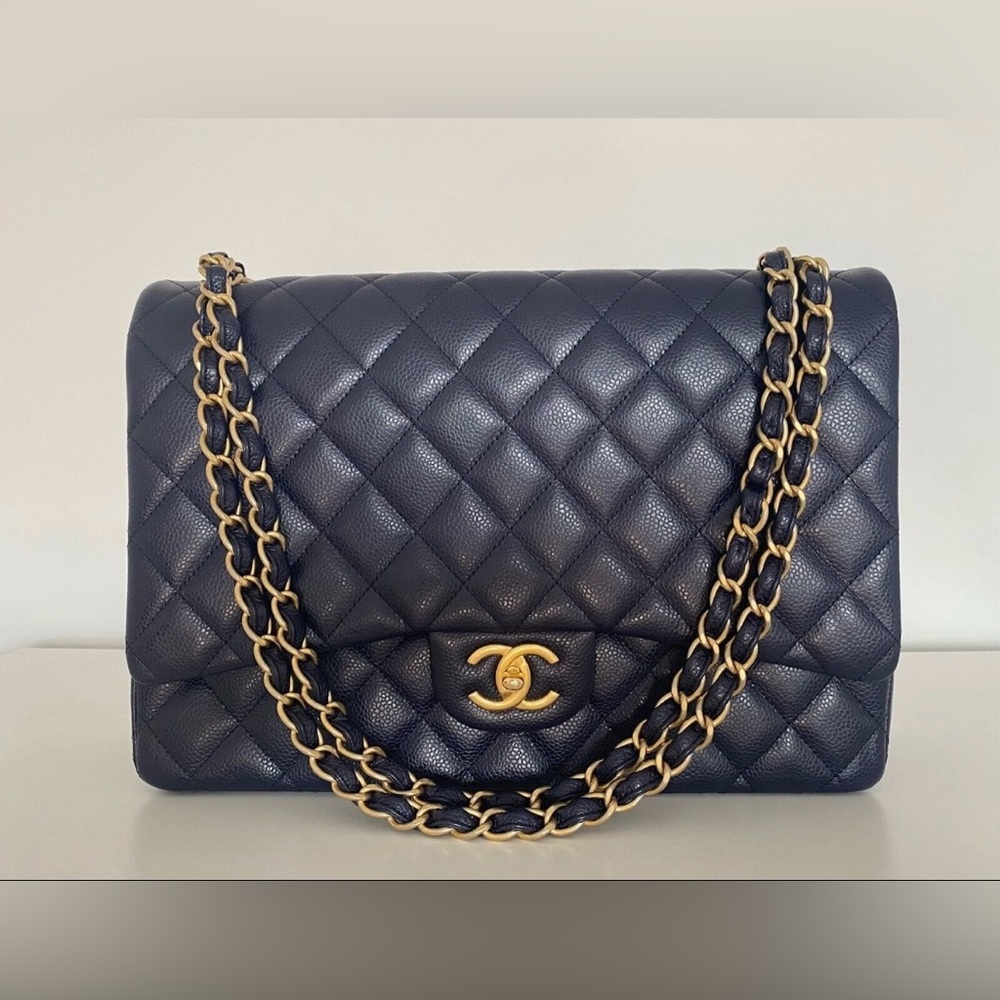CHANEL Maxi Double Flap Bag w/ Antique Gold Hardware in Navy Caviar Leather